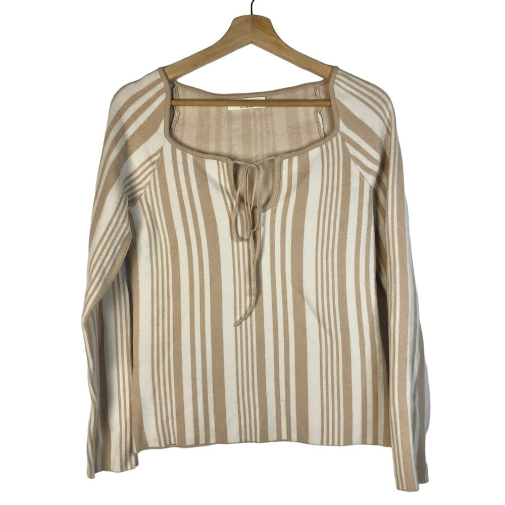 4th‎ & Reckless Beige & White Stripe Square Neck Fitted Long Sleeve XL